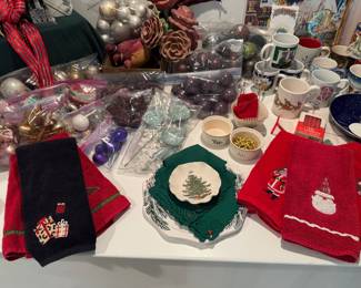 Christmas linens, Spode, mugs