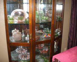 Beautiful lighted curio AND Uranium and pink depression glass