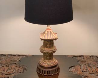 Japanese pagoda lamp finished in antique gold featuring colorful enamel accents--Very popular in the posh homes of the 1950s