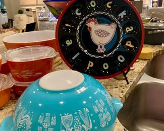 vintage Pyrex 4 qt Cinderella mixint bowl in Amish Butterprint and who doesn't love the famous Cockadoodle  egg tray that spells out "Cock Poop"--recalled soon after LOL