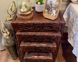 1st set of graduated tables-Larger of the two sets -intricately hand carved with dragon motif--Chinese