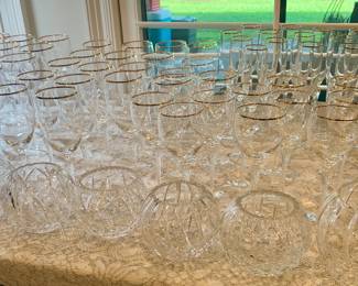 Lenox Monroe gold trim stemware with Waterford along edges. 