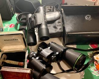 binoculars, cameras, early razors
