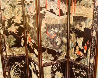 Japanese expertly carved and hand painted screen--both sides include designs