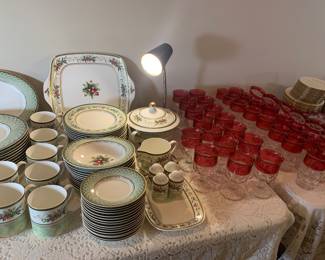 more Fitz and Floyd Christmas china-- notice the large set of Tiffin Franciscan King's Crown glassware