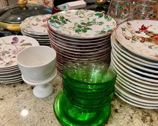 holiday dishes of every holiday--notice the green finger bowls with underplates (perfect fruit or dessert dishes)
