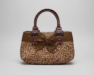 Straw Woven Handbag with Faux Leather Accents and Gold Thread Detail