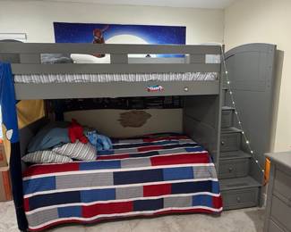 Gray Twin over Twin Bunk Bed with Stairs and Storage