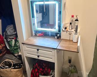 Farmhouse Vanity Desk with LED Mirror and Barn Door Cabinet