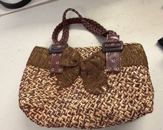 Straw Woven Handbag with Faux Leather Accents and Gold Thread Detail