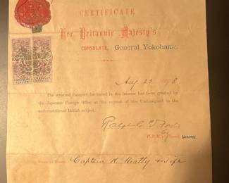 Captain R. Beatty and Wife's Japanese Interior Travel Passport and Certificate