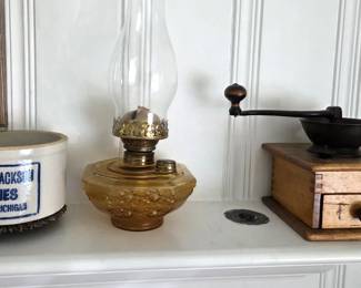 Antique advertising crock, oil lamp & coffee grinder