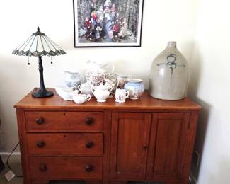 19th century Commode stand, Leaded glass lamp, antique pitchers & stoneware jug