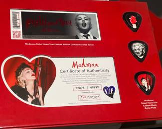 RARE Madonna Rebel Heart Tour Limited Edition Collectible Book W/ Clothing Swatch, Guitar Picks, Commemorative Ticket, Etc.