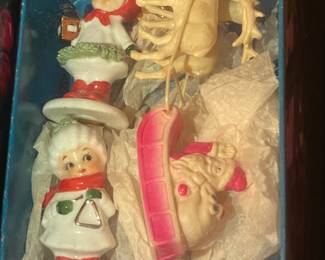Vintage Christmas Figurines & Celluloid Santa W/ Reindeer