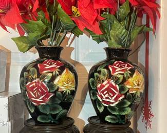 Pair Of Floral Enamel Vases