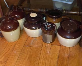 Brown & White Pottery Jugs & Bean Pots