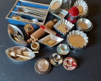 Dollhouse Miniature Kitchen Items Including Flatware Baking Pans Teacups  More
