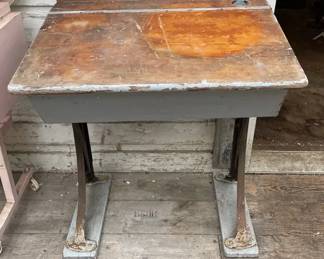 Vintage School Desk With Rustic Wooden Top  Weathered Metal Frame