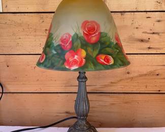 Vintage Table Lamp With Reverse Hand Painted Frosted Glass Shade Adorned With Red Roses