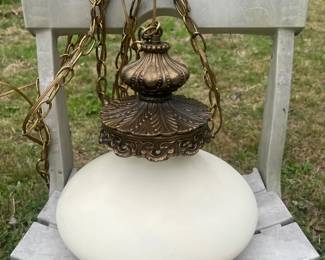 Vintage Hanging Swag Lamp With White Milk Glass  BrassFinished Metal