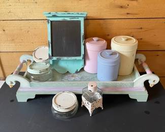 Hand Painted Wooden Tray Metal Canisters Jars  Hanging KeyMessage Board