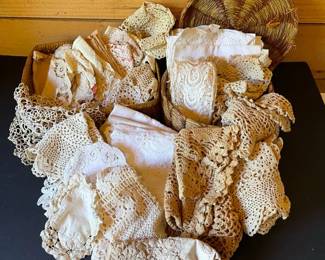 Mix Of Vintage Linens Featuring Crocheted  Lace Doilies