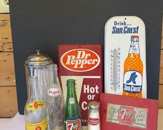 Vintage Soda Bottles Dr Pepper  SunCrest Temperature Gages  More