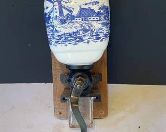 Vintage Ceramic Delft Blue Wall Mounted Coffee Grinder With A Dutch Windmill Scene