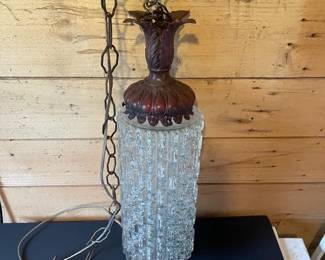 Vintage Hanging Pendant Light With Textured Glass  Ornate Metal Top