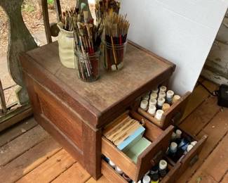 Lot Of Craft Paints Paintbrushes and Notecards in Wooden Organizer