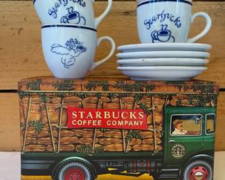 4 Starbucks Coffee Espresso Cups  Saucers With Collector Tin Box