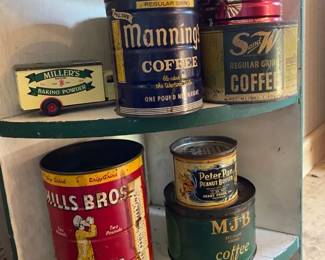 Vintage Tin Cans Including Coffee Honey  Peanut Butter Millers Baking Powder Toy Truck