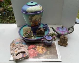 Alice In Wonderland Themed Painted Wood Jar Lazy Susan and Tea Pot with Decoupage Mask and More