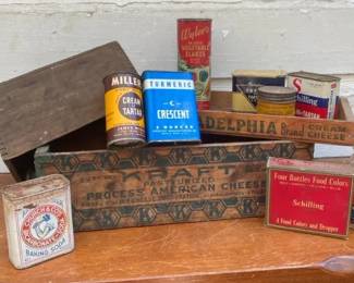 Vintage Kitchen Spice Containers And Wooden Boxes