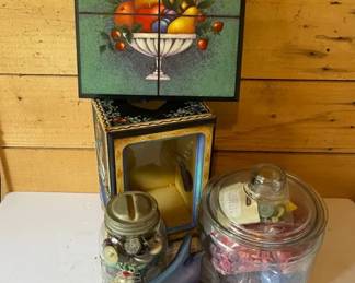Tole Painted Picture  Candle Box Fruit Design  Two Jars Of Vintage Buttons