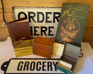 Vintage Recipe Books  Boxes With Metal Grocery  Order Here Signs