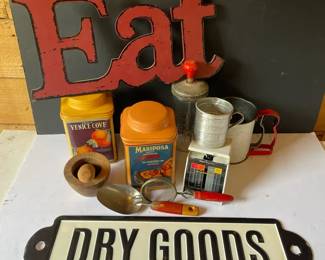 Vintage Kitchen Goods Signs Canisters Sifter Ice Crusher  More