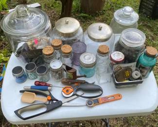 Assortment of Glass Jars and Craft Supplies Including Fiskars Circle Blade Buttons and More