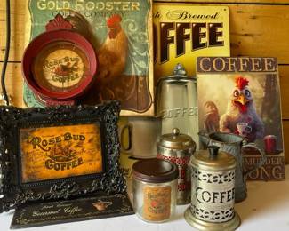Coffee Themed Lot Lighted Sign Clock Metal Signs  Silver Plated Canisters
