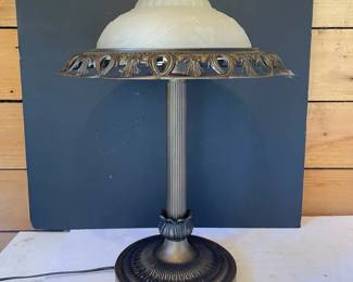 Art Nouveau Style Table Lamp With Frosted Glass Dome Shade  Ornate Bronze Metal Base
