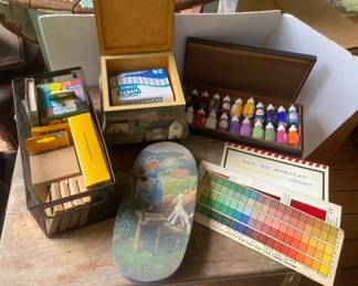 Chalk of Various Colors with Two Folk Art Boxes Bottles of Jo Sonja Paints and Color Charts