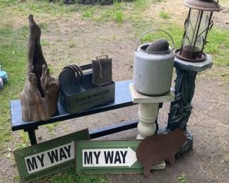 Outdoor Decor Collection with Metal Bamboo Bird Feeder Wood Bench Metal Caddy and More
