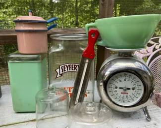 Vintage Typhoon Scale Seyferts Pretzel Jar And Fire King Mixing Pitcher