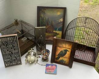 Two Metal Birdcages with Bird Decor Wall Art and Party Light Stained Glass Cup