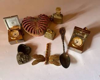 Vintage Trinket Items Metal Box Clocks Pewter Heart Box w Earrings Juicy Couture Mini Perfume 