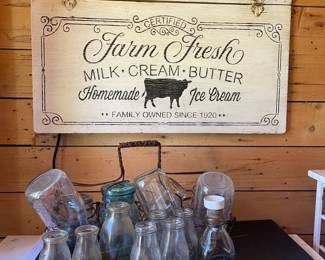 Vintage Dairy Sign  Milk Bottles With Metal Carrier Light Blue Jars