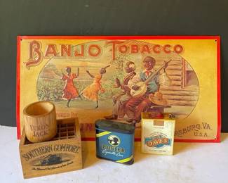 Banjo Tobacco Sign Cigarette Case  Tape Measure Wooden Shot Glass  Box