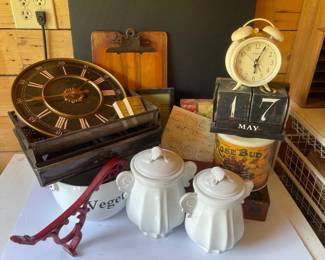 Lot Of AntiqueStyle Collectibles Vietri Canisters Italy Cigar Box  Old Metal Cookware