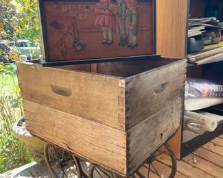 Vintage Wooden Box On Wheels With Hand Painted Drop Down Leaf Shelf